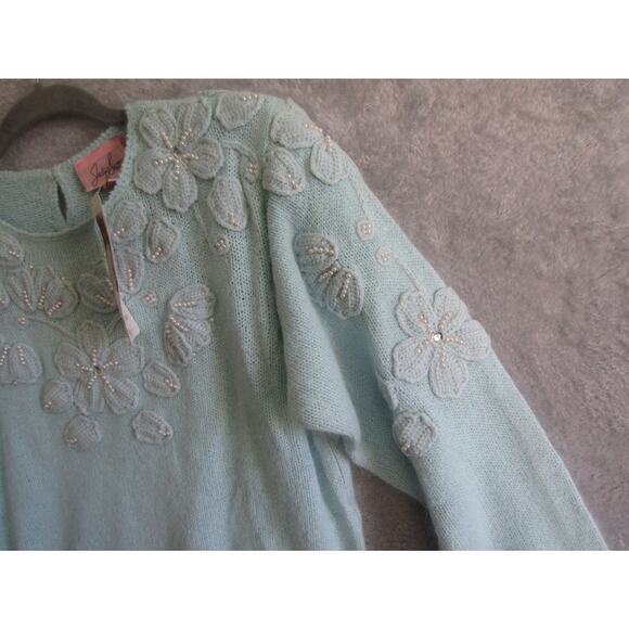 Vintage Jaclyn Smith Angora Silk Floral Beaded Sweater Medium Blue Pullover 90 - Picture 3 of 7